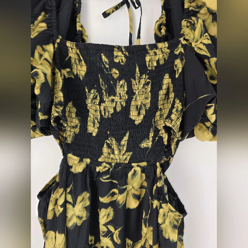 Blush Floral Maxi Dress Puff  Sleeves Smocked Bodice Black Yellow Size XL